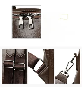 Detail of dark brown leather backpack with silver zippers and adjustable textile straps