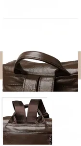Detail of reinforced handle and fine stitching on dark brown leather backpack