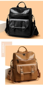 Detail view of large capacity PU leather backpacks in classic black and brown colors