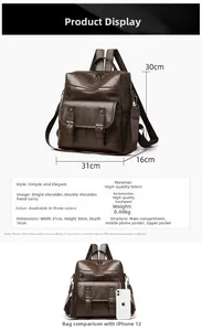 Size comparison of dark brown vintage faux leather backpack with detailed dimension chart