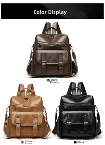 Detailed color display of vintage soft leather backpacks in dark brown, tan and black