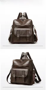 Detail view of dark brown vintage faux leather backpack with double strap front pockets