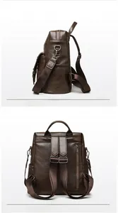 Detailed front and back views of a vintage dark brown leather backpack with side pockets