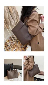 Coffee brown matte leather tote bag with long straps shown in multiple angles