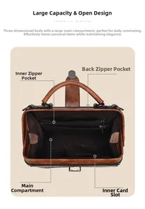 Top view of vintage brown leather handbag showing spacious interior and zip pockets
