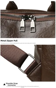 Detail of brown faux leather backpack showing dual metal zippers and thick strap hardware