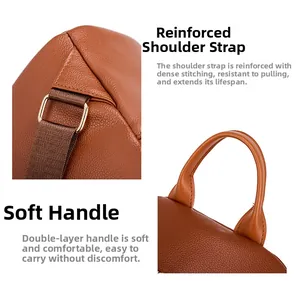 Detail of reinforced shoulder straps and soft leather handle on a brown backpack