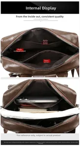 Detail of dark brown leather backpack interior featuring multiple functional compartments