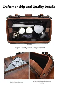 Detail of vintage brown leather doctor bag featuring large main compartment and rear pocket