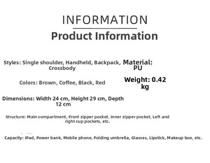 Detailed size specifications and multi-functional strap structure for the soft PU backpack