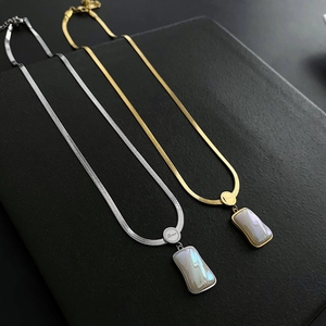 Minimalist Titanium Steel Pendant Necklace Mother Of Artificial Pearl Rectangular Charm Snake Bone Chain Jewelry For Women Golden