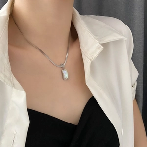 Minimalist silver blade chain necklace with rectangular iridescent mother of pearl pendant