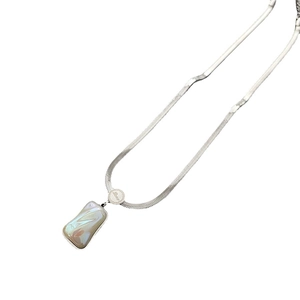 Titanium steel blade chain necklace featuring a rectangular mother-of-pearl love pendant