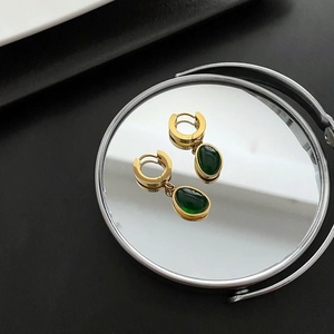 Boucles D'oreilles Créoles Goutte Zircon Émeraude Rétro Pour Femmes Acier Titane Plaqué Or Bijou Élégant
