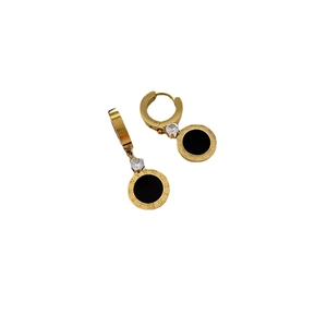 Boucles d'oreilles dorées en acier titane avec pendentifs zircons noirs et chiffres romains