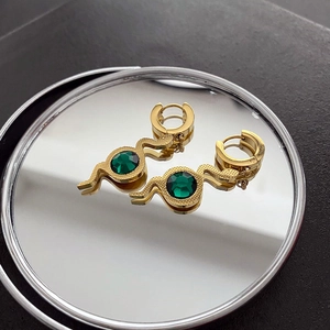 Vintage Snake Shape Titanium Steel Earrings With Green Gemstone Golden Animal Dangle Hoop Jewelry For Women