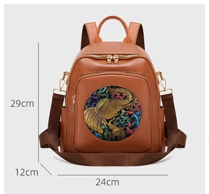 Detailed size view of brown leather backpack with colorful elephant embossed pattern
