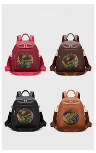 Detailed grid view of large capacity faux leather backpacks in red, coffee, black, and brown
