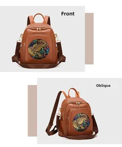 Detailed front and oblique views of a brown pebbled leather backpack with elephant relief