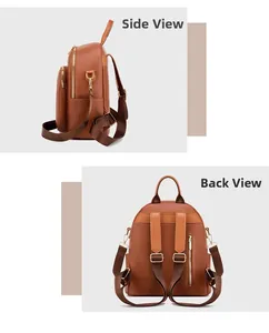 Detail view of brown pebbled leather backpack with gold hardware and anti-theft back pocket