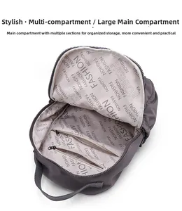 Macro view of water-resistant nylon backpack interior with multiple zipper compartments