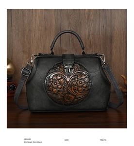 Detailed close-up of retro floral embossed leather texture on vintage doctor bag