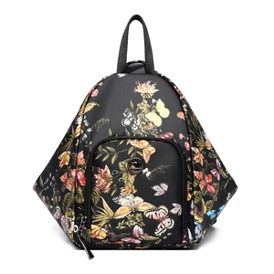Fashionable floral print women's backpack with diamond-shaped structure and metal logo