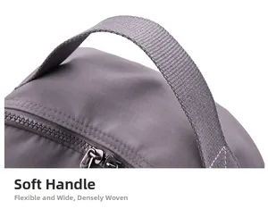 Detail of tear-resistant nylon backpack featuring widened soft handle and metal zipper