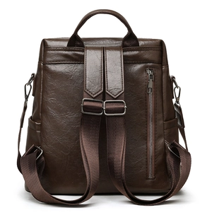 Vintage dark brown PU leather backpack with adjustable straps and anti-theft back pocket