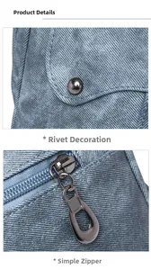 Detail view of denim fabric with metallic rivet decoration and a minimalist zipper system