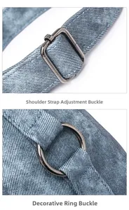 Detail of blue denim shoulder bag showing metal strap buckle and round decorative ring