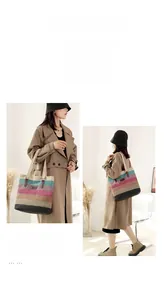 Detail of color-blocked canvas tote bag with striped pattern and brown leather straps