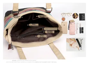 Interior view of striped canvas tote bag showing multiple compartments and inner pockets