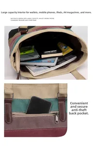 Detail view of large capacity canvas tote with anti-theft back pocket for iPad and A4