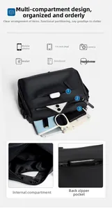 Internal compartments of waterproof black messenger bag showing digital device storage space