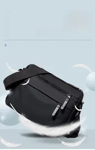 Close-up of lightweight waterproof black messenger bag with premium zippers and straps