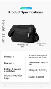 Detail view of waterproof crossbody bag with dimensions 28x22x11cm and internal storage layers