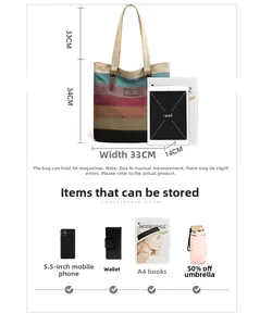 Canvas tote bag size guide with colorful stripes and daily essentials like iPad and books