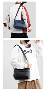 Detail of waterproof crossbody bag showing navy and black styles with adjustable straps