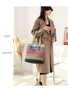 Detailed view of canvas tote bag with colorful stripes and leather logo patch