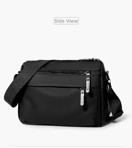 Detailed side view of black waterproof messenger bag with zipper pockets and strap