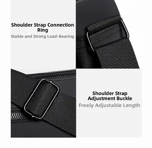 Detail of adjustable nylon shoulder strap and heavy-duty metal buckle on black messenger bag