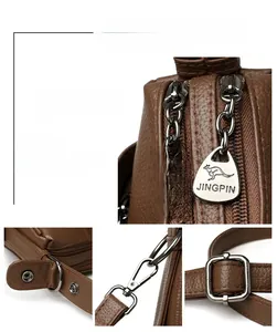 Detail of premium brown lychee leather bag with durable kangaroo engraved zippers and hardware