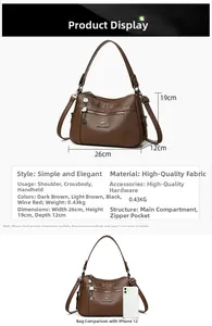 Detailed size chart for soft brown leather shoulder bag with dimensions 26x19x12cm