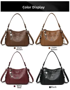 Detail view of large capacity soft leather shoulder bags in four multi-layer colors