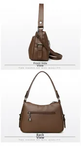 Detail view of brown pebbled leather handbag with side profile and back zipper pocket