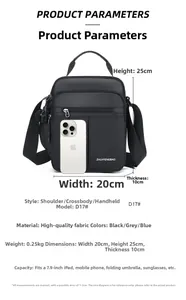 Detailed size parameters of the black oxford crossbody bag with dimensions and phone scale