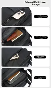 Detail view of multi-pocket nylon shoulder bag showing spacious zipper compartments