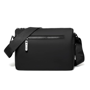 Waterproof matte black messenger bag for men with wide nylon strap and front zip pocket