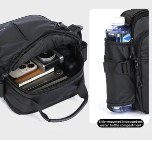 Macro view of multi-pocket oxford bag showing large interior capacity and side bottle pouch